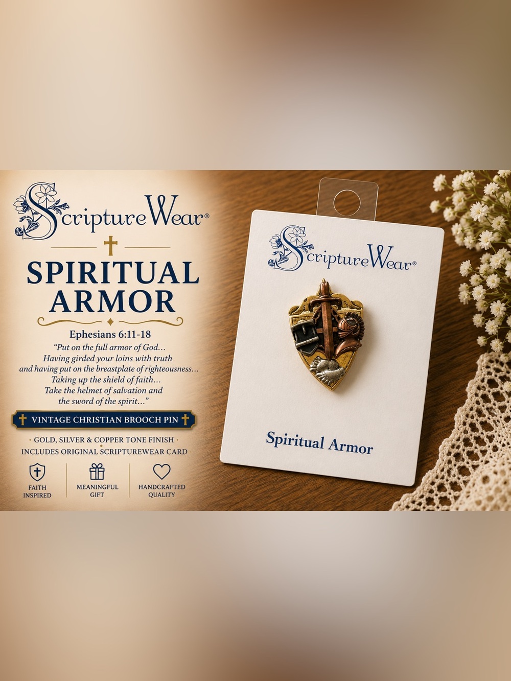 ScriptureWear Spiritual Armor Mini Christian Brooch Pin | Ephesians 6 Faith